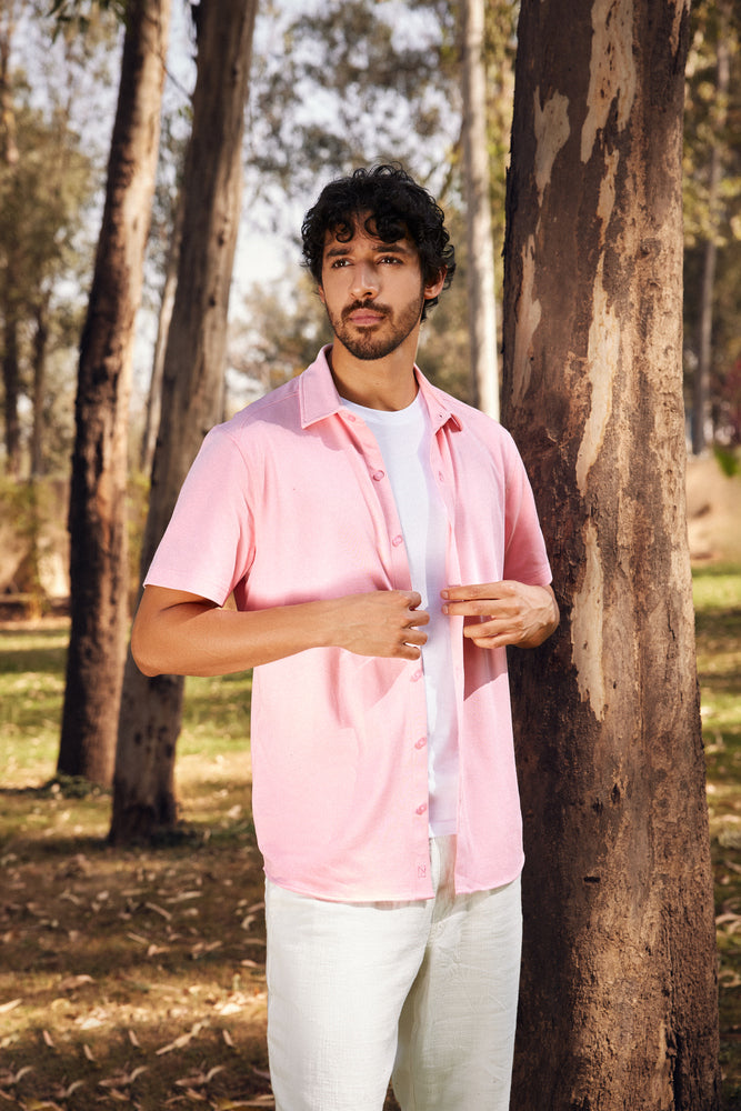 Knitique Men's All Day Half Sleeve Shirt - Regular Fit Cotton Rich Tri-Blend Fabric - Oyster Powder Pink