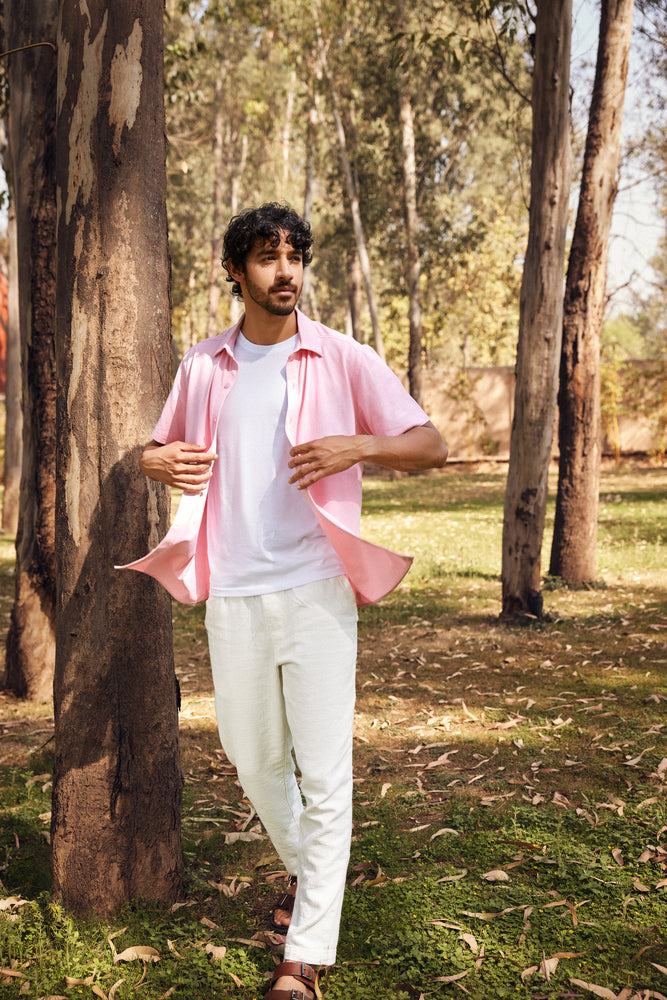 Knitique Men's All Day Half Sleeve Shirt - Regular Fit Cotton Rich Tri-Blend Fabric - Oyster Powder Pink