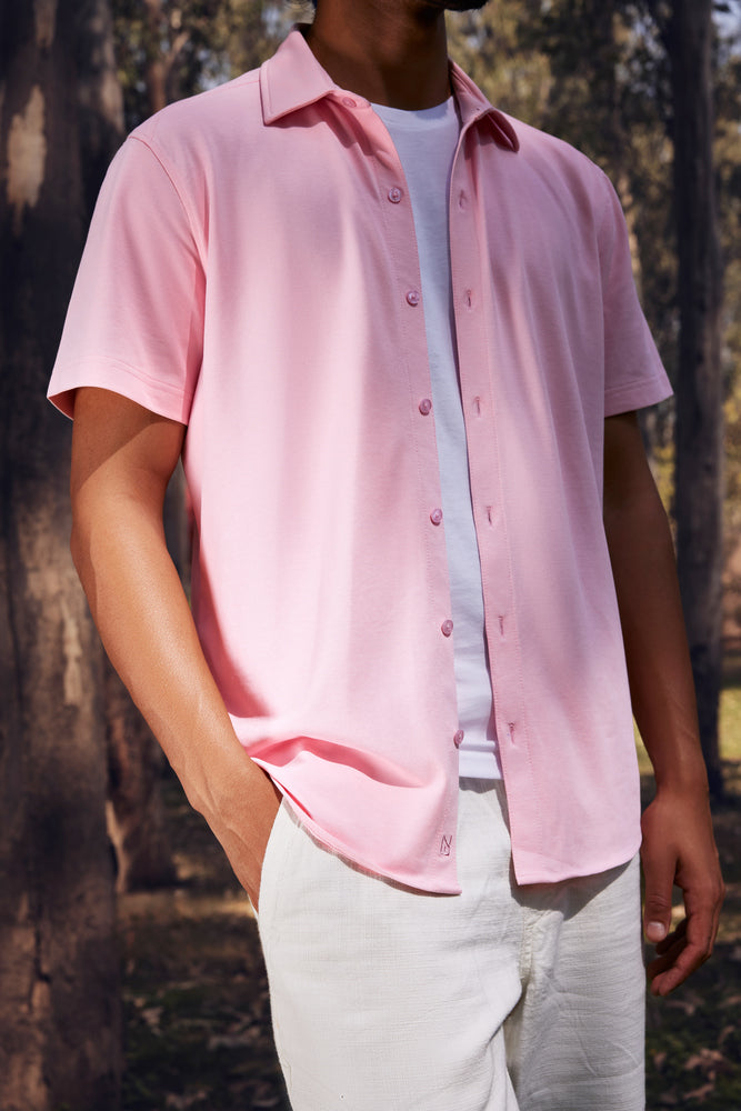 Knitique Men's All Day Half Sleeve Shirt - Regular Fit Cotton Rich Tri-Blend Fabric - Oyster Powder Pink