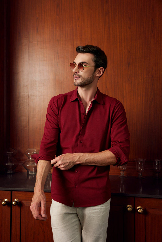 Knitique Men's All Day Full Sleeve Shirt - Regular Fit Cotton Rich Tri-Blend Fabric - Bordeaux Maroon