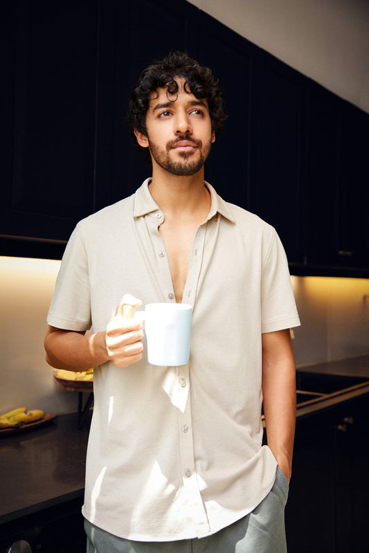 Knitique Men's Oxford Half Sleeve Shirt - Regular Fit Cotton Rich Tri-Blend Fabric - Bisque Sand