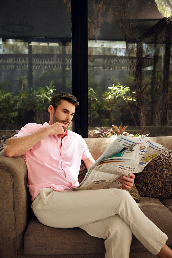 Knitique Men's Oxford Half Sleeve Shirt - Regular Fit Cotton Rich Tri-Blend Fabric - Oyster Powder Pink