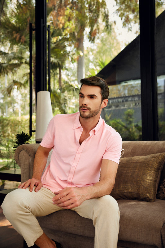 Knitique Men's Oxford Half Sleeve Shirt - Regular Fit Cotton Rich Tri-Blend Fabric - Oyster Powder Pink