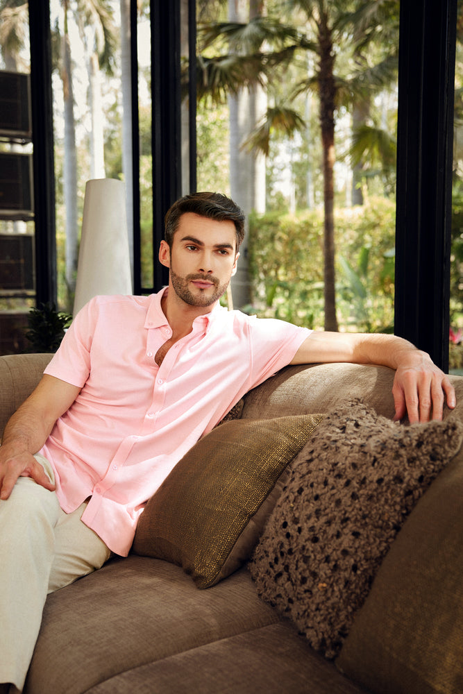 Knitique Men's Oxford Half Sleeve Shirt - Regular Fit Cotton Rich Tri-Blend Fabric - Oyster Powder Pink