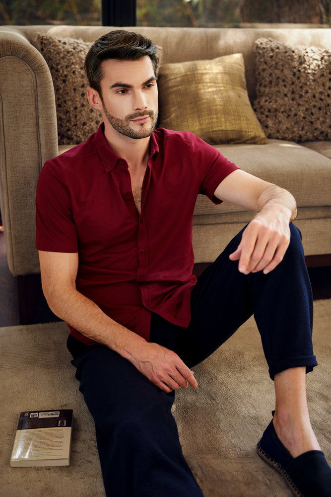 Knitique Men's Oxford Half Sleeve Shirt - Regular Fit Cotton Rich Tri-Blend Fabric - Bordeaux Maroon