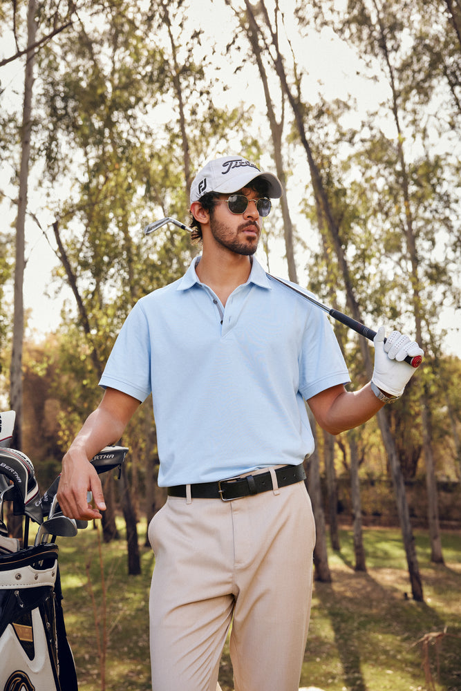 Knitique Men's Luxury Polo T-Shirt - Regular Fit Cotton Rich Tri-Blend Fabric - Celeste Powder Blue