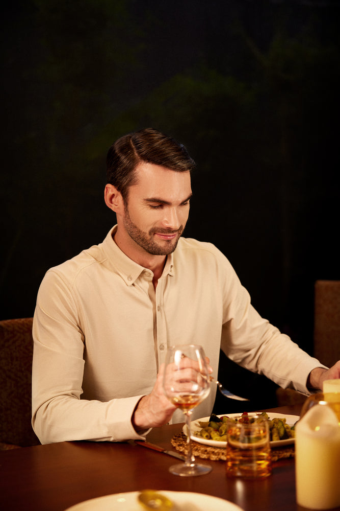 Knitique Men's Oxford Full Sleeve Shirt - Regular Fit Cotton Rich Tri-Blend Fabric - Bisque Sand