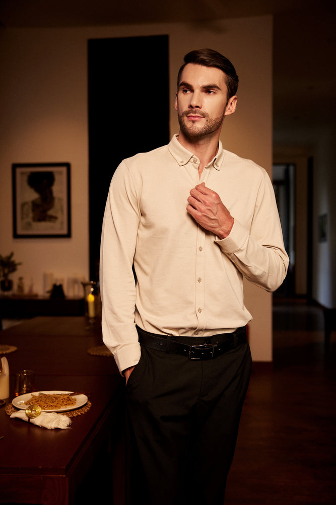 Knitique Men's Oxford Full Sleeve Shirt - Regular Fit Cotton Rich Tri-Blend Fabric - Bisque Sand