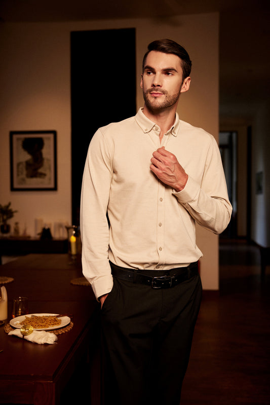 Knitique Men's Oxford Full Sleeve Shirt - Regular Fit Cotton Rich Tri-Blend Fabric - Bisque Sand