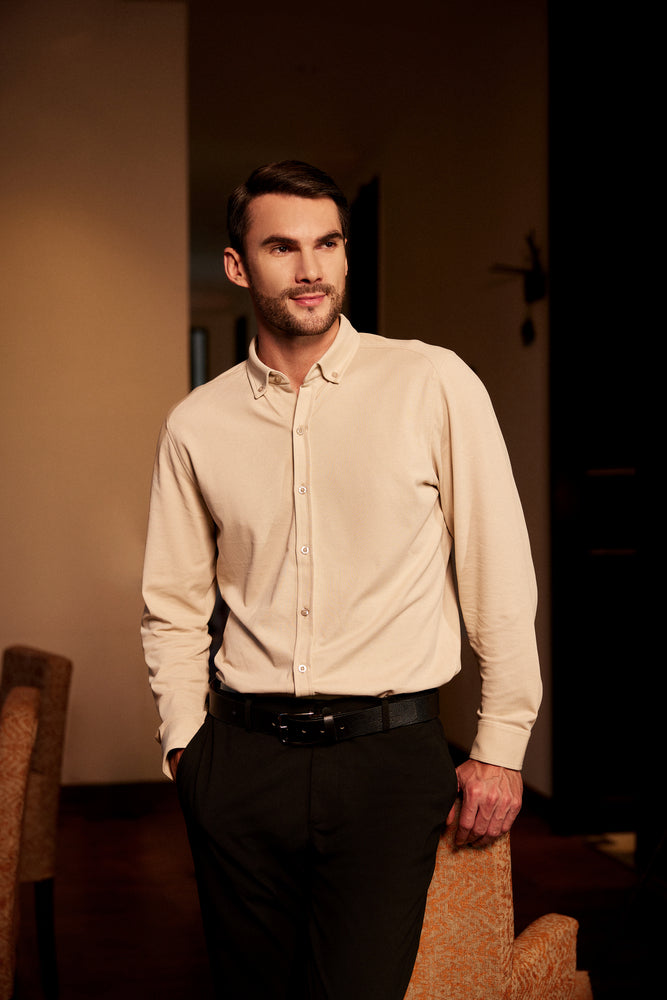 Knitique Men's Oxford Full Sleeve Shirt - Regular Fit Cotton Rich Tri-Blend Fabric - Bisque Sand