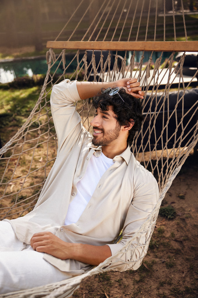 Knitique Men's All Day Full Sleeve Shirt - Regular Fit Cotton Rich Tri-Blend Fabric - Bisque Sand