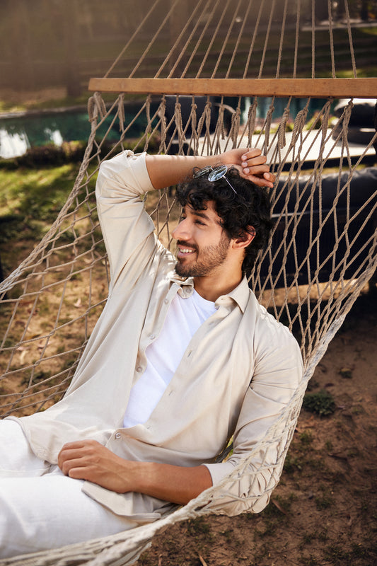 Knitique Men's All Day Full Sleeve Shirt - Regular Fit Cotton Rich Tri-Blend Fabric - Bisque Sand