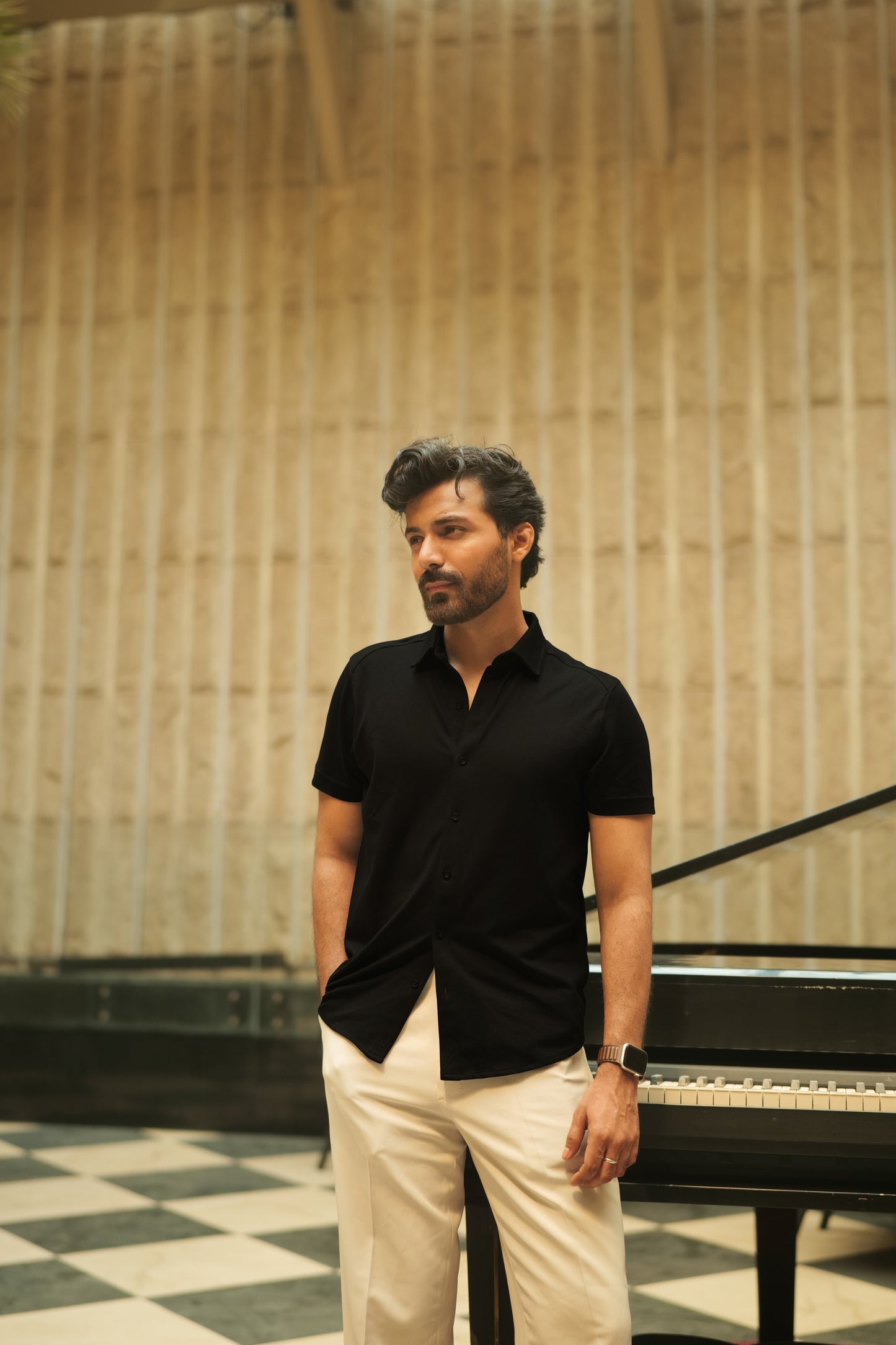 Knitique Men's All Day Half Sleeve Shirt - Regular Fit Cotton Rich Tri-Blend Fabric - Ebony Black