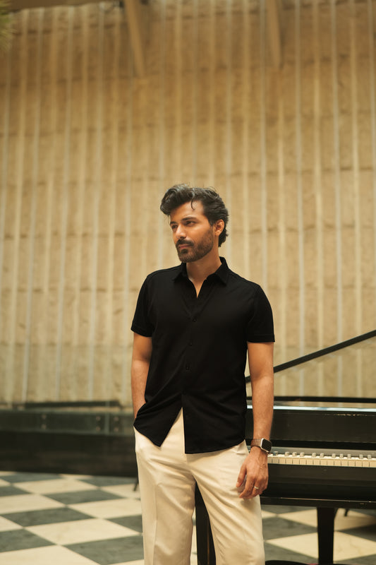 Knitique Men's All Day Half Sleeve Shirt - Regular Fit Cotton Rich Tri-Blend Fabric - Ebony Black