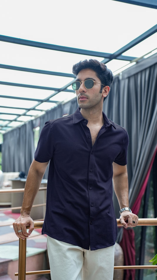 Knitique Men's All Day Half Sleeve Shirt - Regular Fit Cotton Rich Tri-Blend Fabric - Midnight Navy