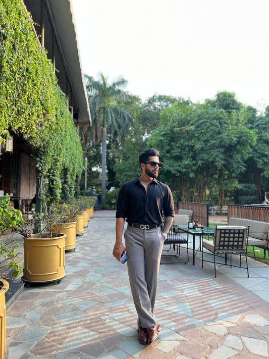 Knitique Men's Oxford Full Sleeve Shirt - Regular Fit Cotton Rich Tri-Blend Fabric - Ebony Black