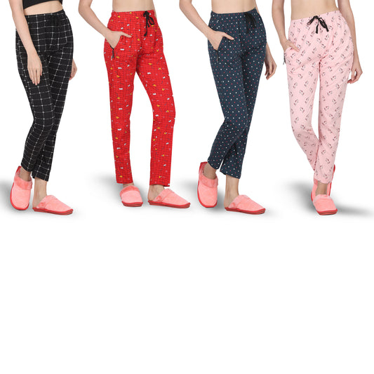 Eazy Women's Printed Lower - Pack of 4 - Black, Bright Red, Pine Green & Light Pink