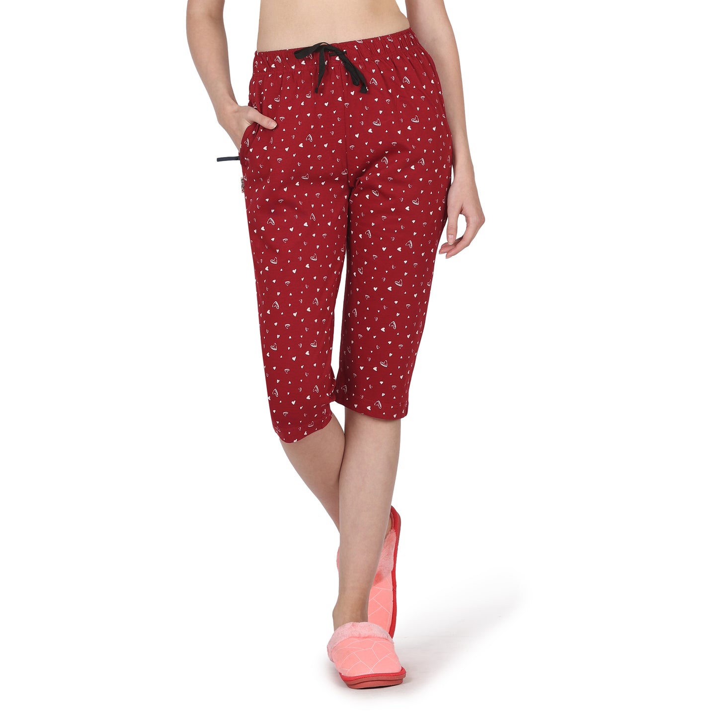 Eazy Women's Printed Capri Pants- Pack of 5- Blush, Black, Navy Blue, Steel Blue & Cherry Red