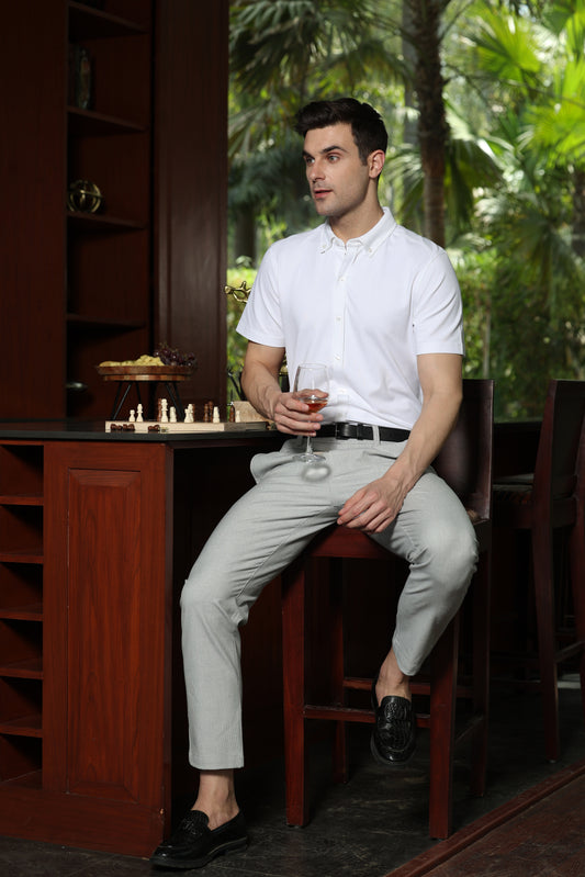 Knitique Men's Oxford Half Sleeve Shirt - Regular Fit Cotton Rich Tri-Blend Fabric - Porcelain White