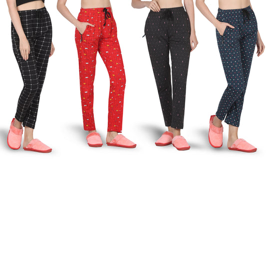 Eazy Women's Printed Lower - Pack of 4 - Black, Bright Red, Charcoal Grey & Pine Green