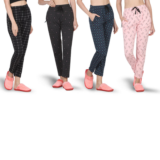 Eazy Women's Printed Lower - Pack of 4 - Black, Charcoal Grey, Pine Green & Light Pink