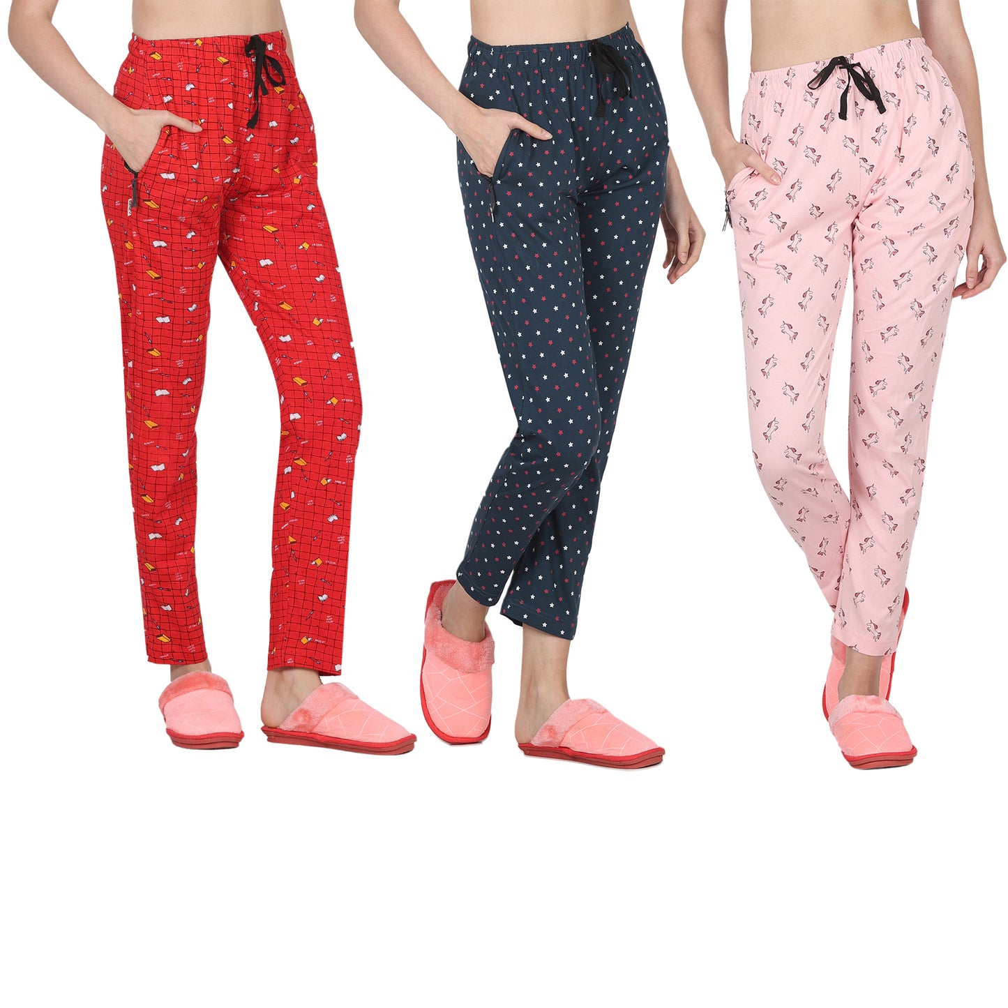 Eazy Women's Printed Lower - Pack of 3 - Bright Red, Pine Green & Light Pink