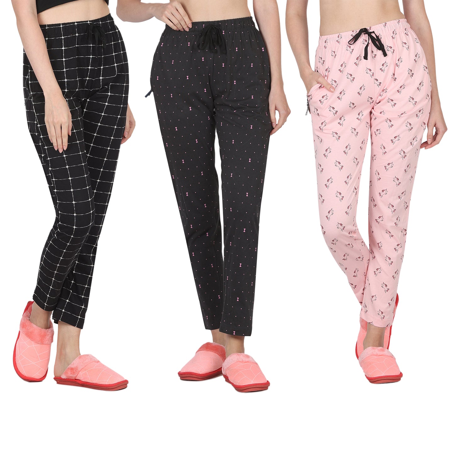 Eazy Women's Printed Lower - Pack of 3 - Black, Charcoal Grey & Light Pink