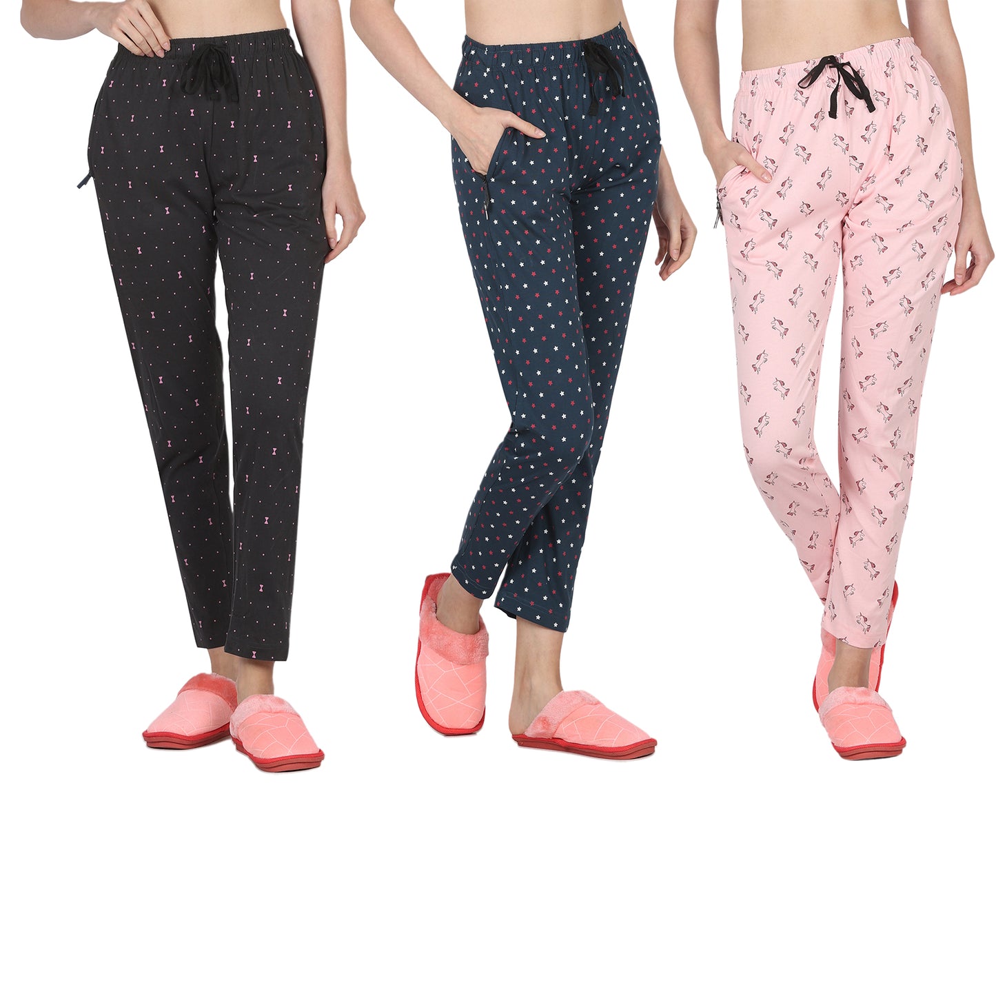 Eazy Women's Printed Lower - Pack of 3 - Charcoal Grey, Pine Green & Light Pink