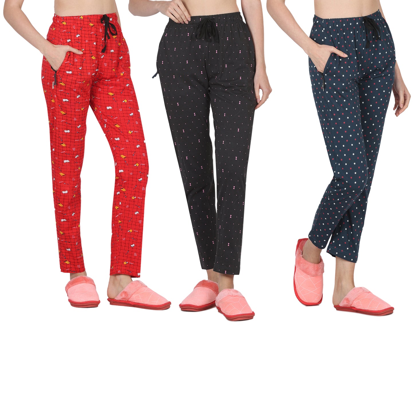 Eazy Women's Printed Lower - Pack of 3 - Bright Red, Charcoal Grey & Pine Green