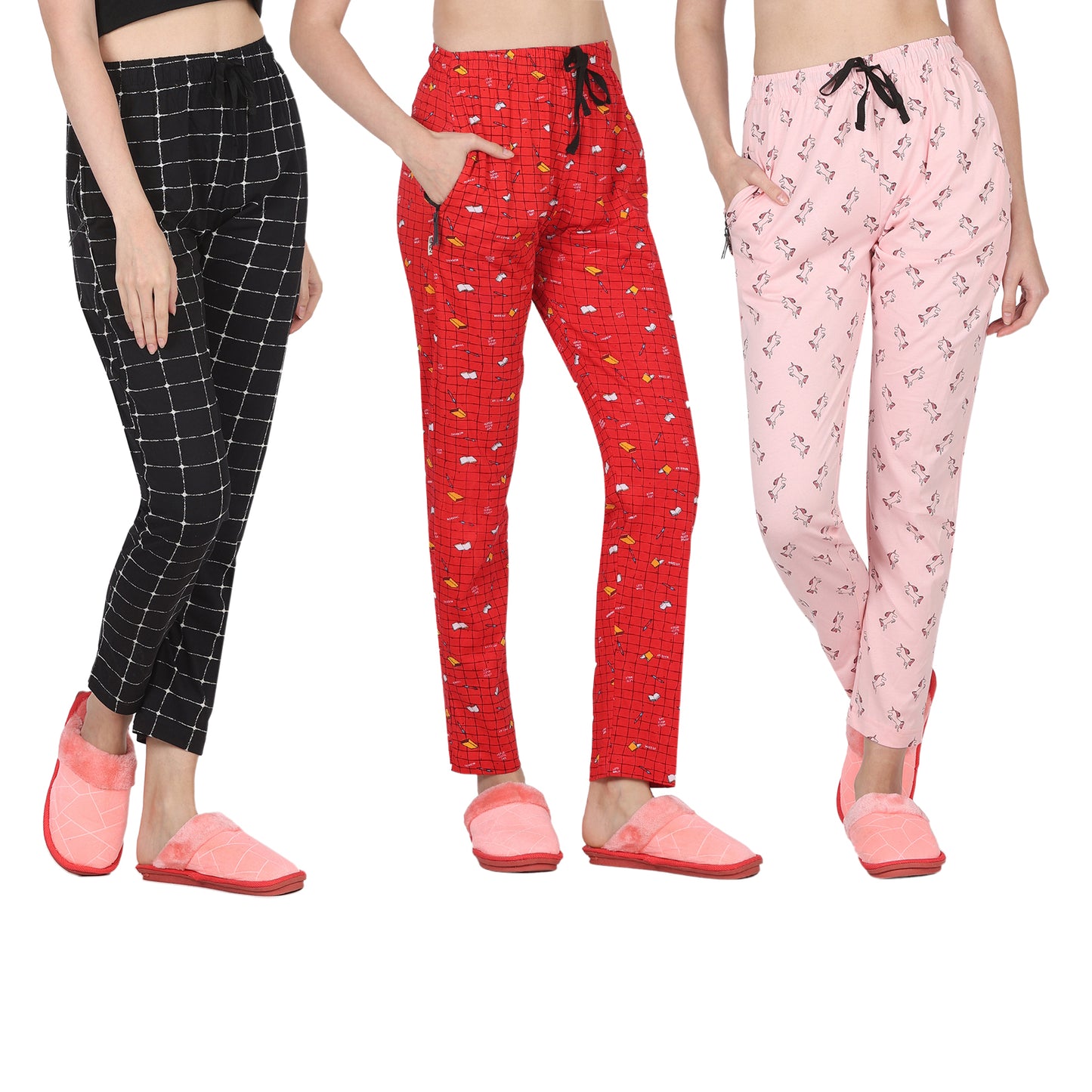 Eazy Women's Printed Lower - Pack of 3 - Black, Bright Red & Light Pink