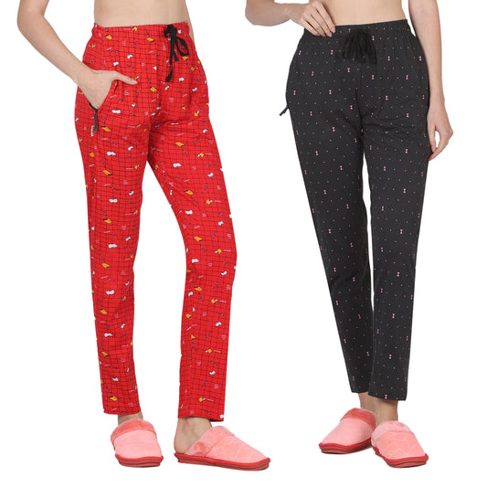 Eazy Women's Printed Lower - Pack of 2 - Bright Red & Charcoal Grey