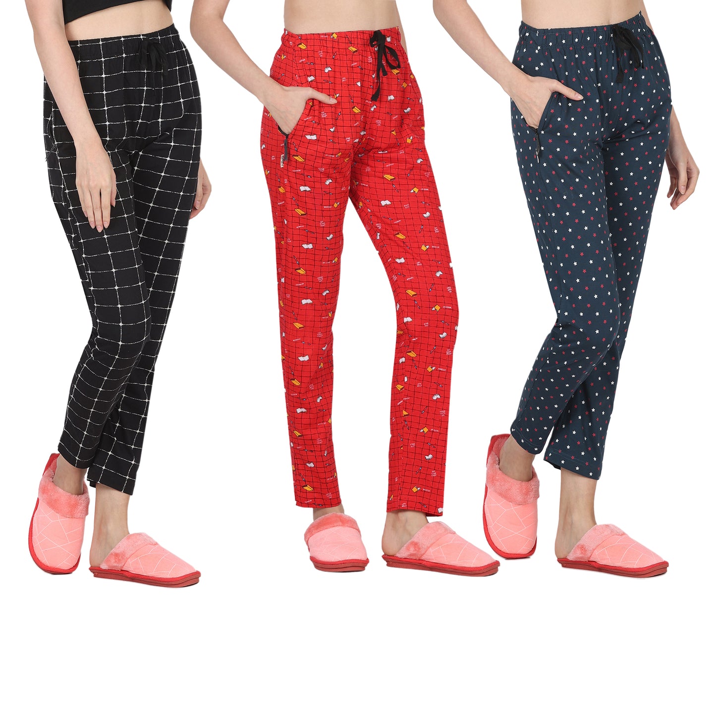 Eazy Women's Printed Lower - Pack of 3 - Black, Bright Red & Pine Green