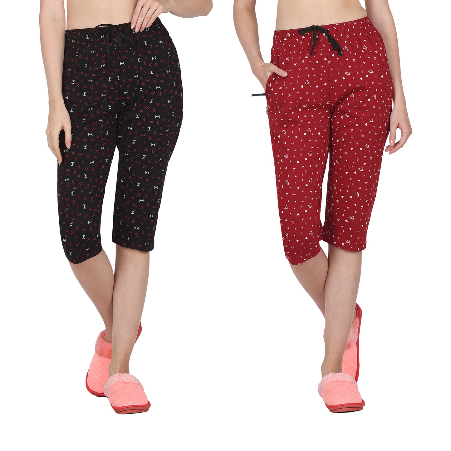 Eazy Women's Printed Capri Pants- Pack of 2- Black & Cherry Red
