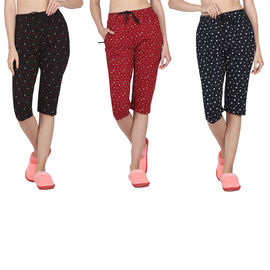 Eazy Women's Printed Capri Pants- Pack of 3- Black, Cherry Red & Navy Blue