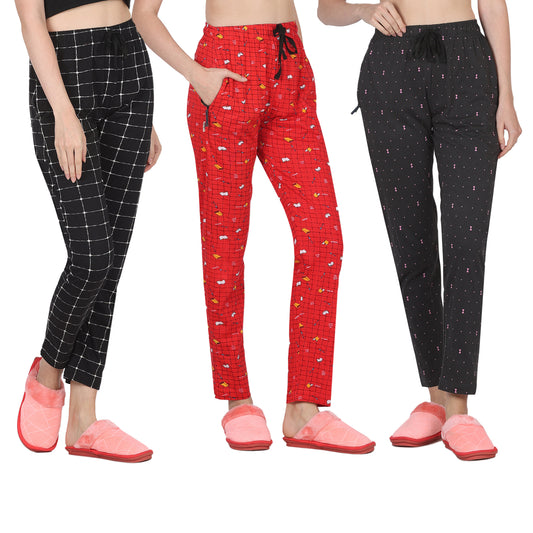 Eazy Women's Printed Lower - Pack of 3 - Black, Bright Red & Charcoal Grey