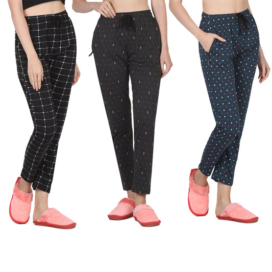 Eazy Women's Printed Lower - Pack of 3 - Black, Charcoal Grey & Pine Green