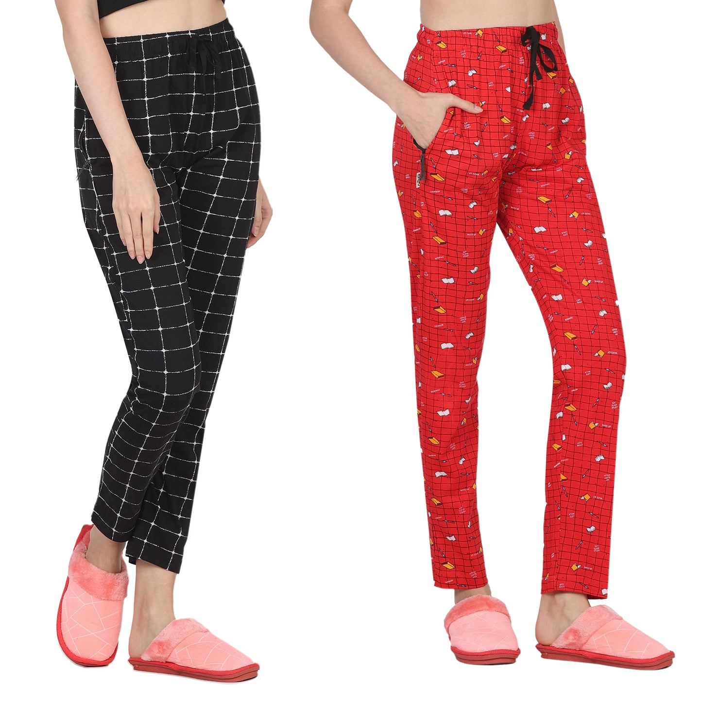 Eazy Women's Printed Lower - Pack of 2 - Black & Bright Red
