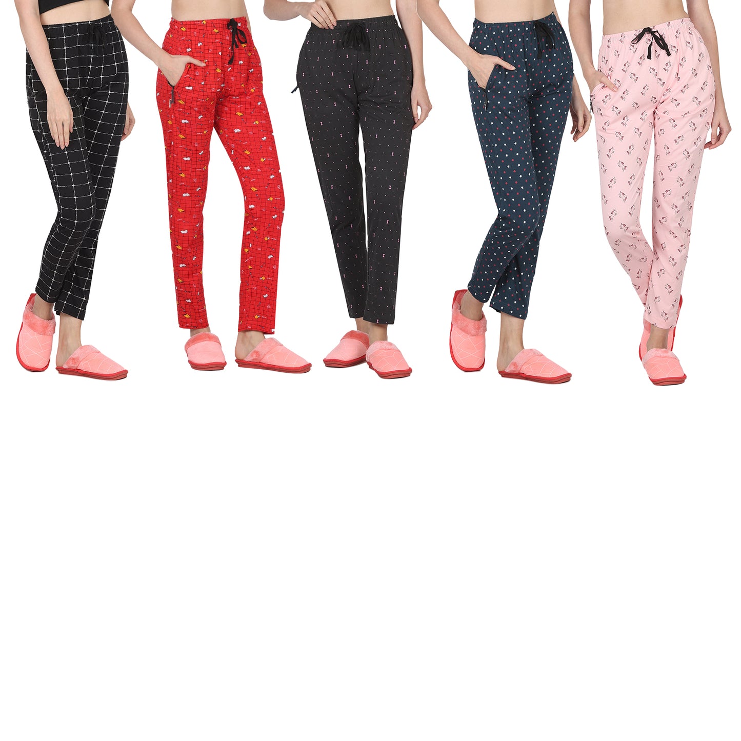 Eazy Women's Printed Lower - Pack of 5 - Black, Bright Red, Charcoal Grey, Pine Green & Light Pink