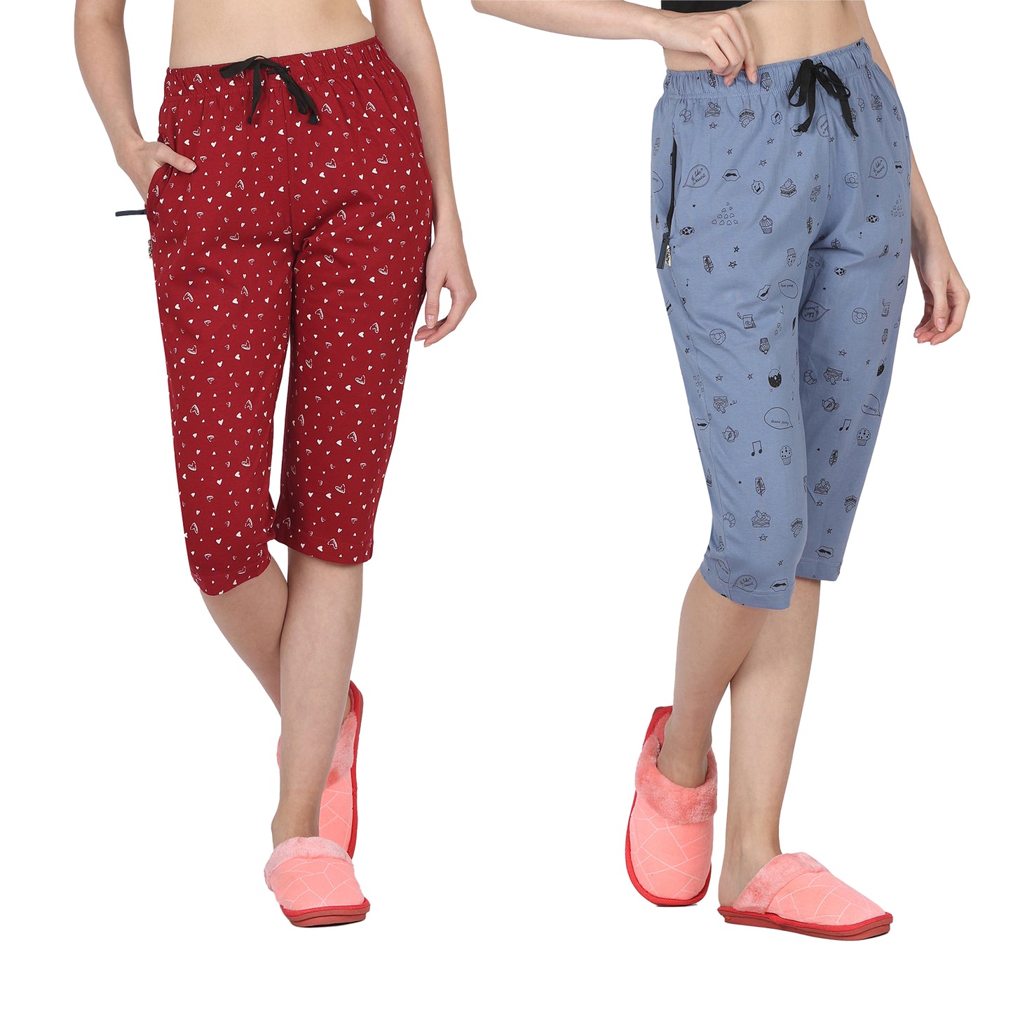 Eazy Women's Printed Capri Pants- Pack of 2- Cherry Red & Steel Blue