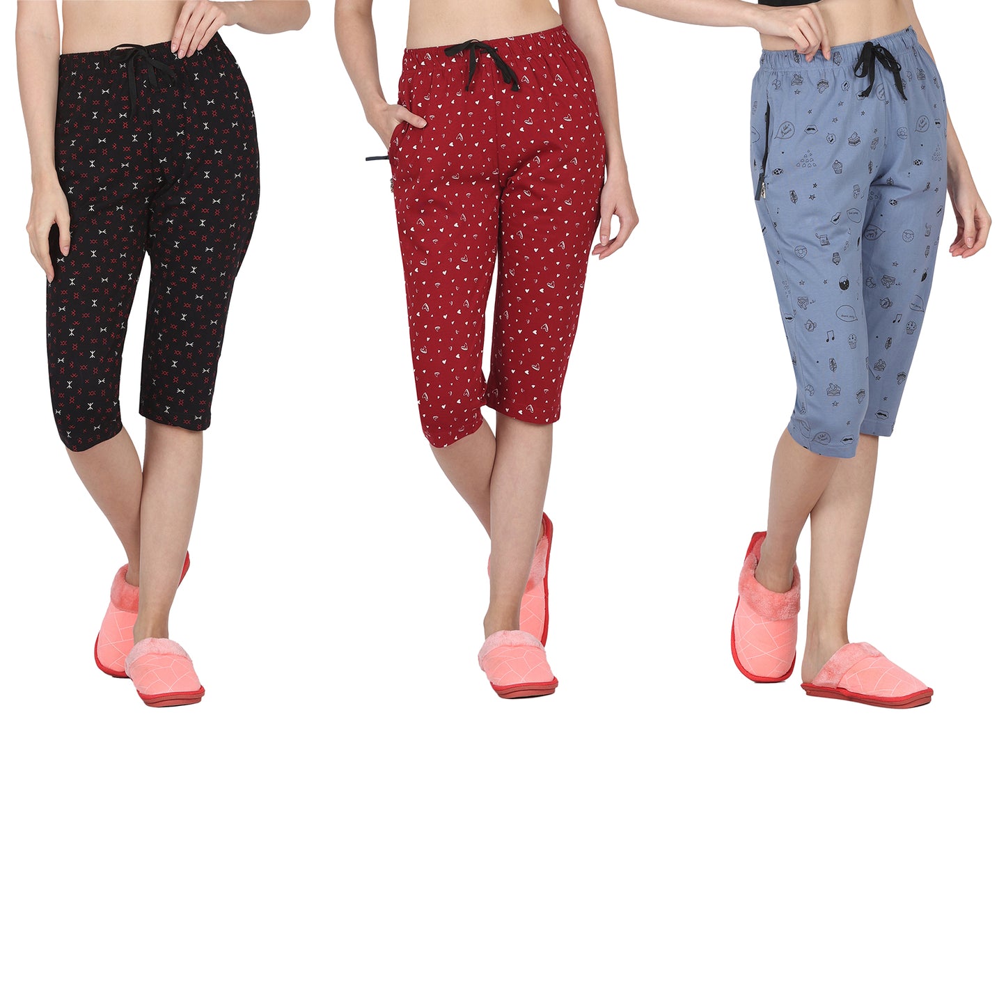 Eazy Women's Printed Capri Pants- Pack of 3- Black, Cherry Red & Steel Blue