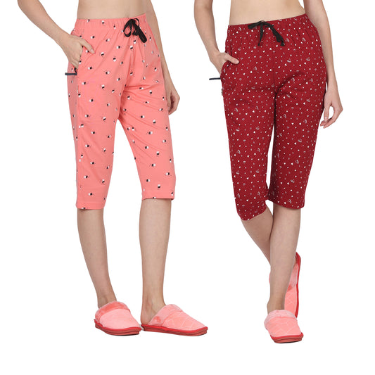 Eazy Women's Printed Capri Pants- Pack of 2- Blush & Cherry Red