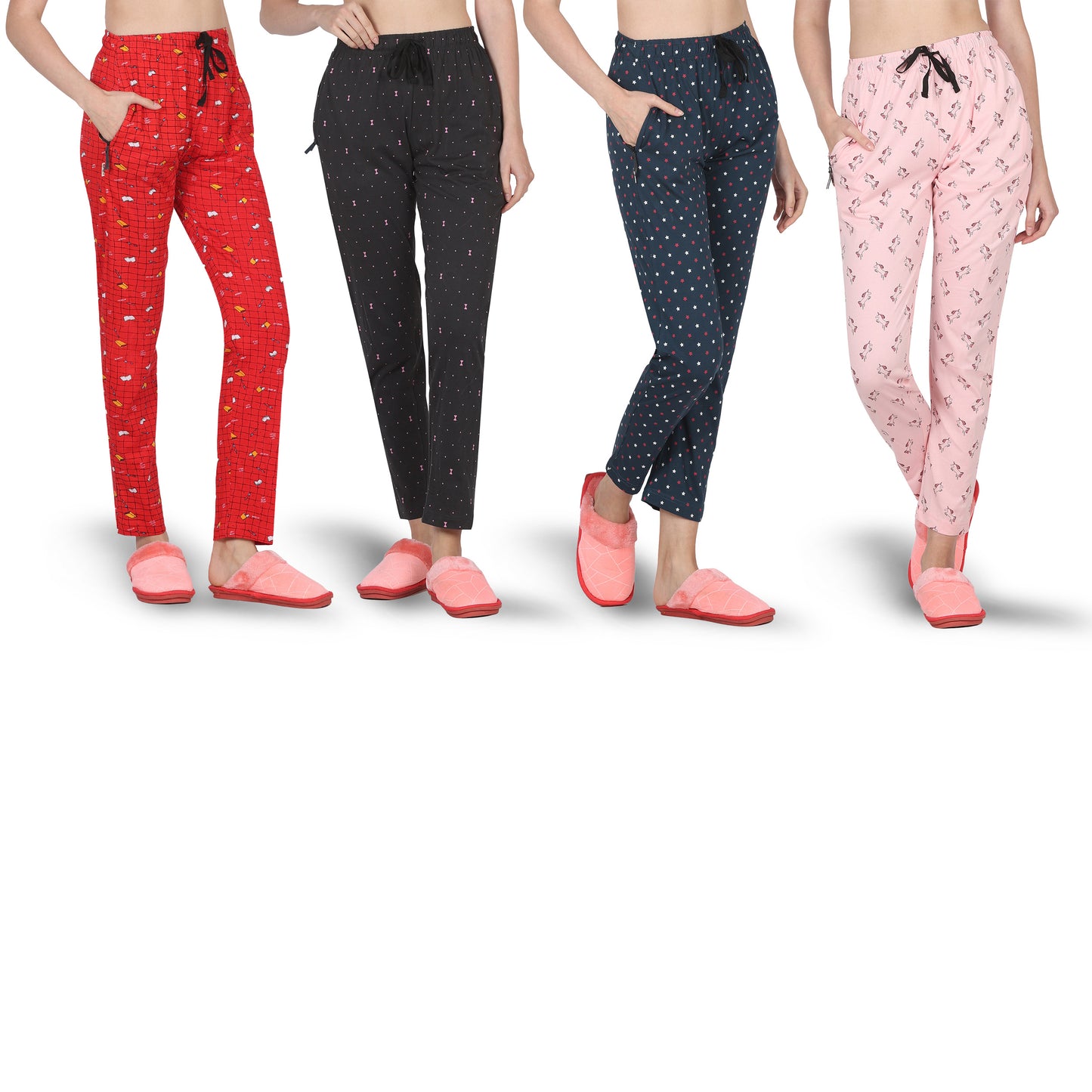 Eazy Women's Printed Lower - Pack of 4 - Bright Red, Charcoal Grey, Pine Green & Light Pink
