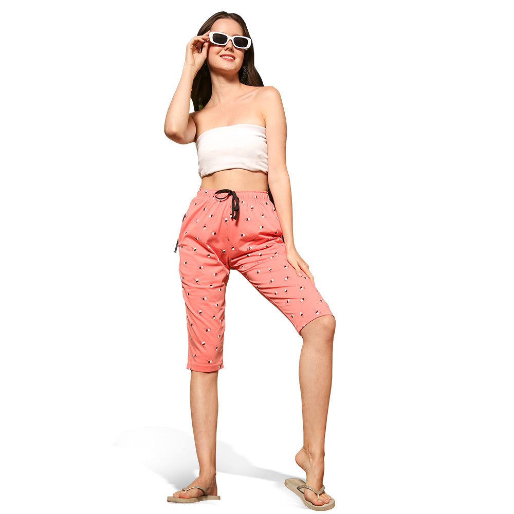 Eazy Women's Printed Capri Pants- Pack of 3- Blush, Cherry Red & Navy Blue