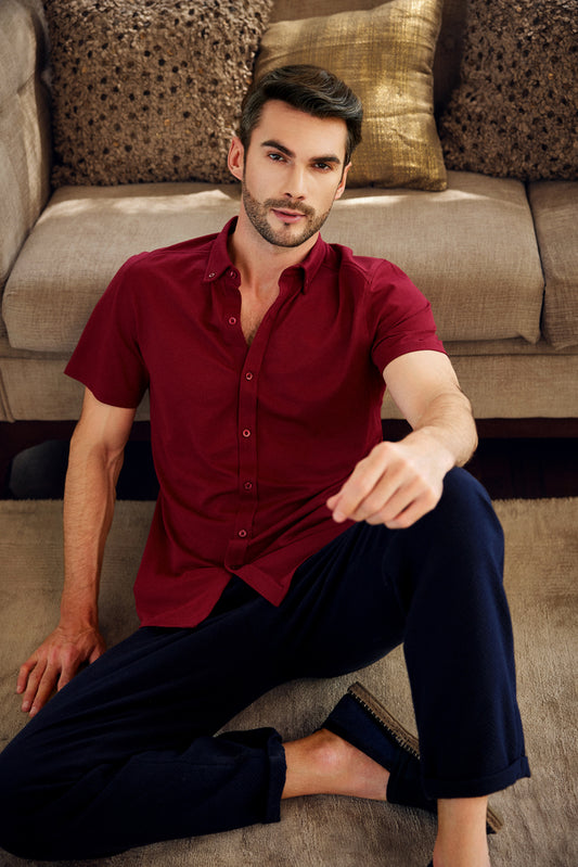 Knitique Men's Oxford Half Sleeve Shirt - Regular Fit Cotton Rich Tri-Blend Fabric - Bordeaux Maroon